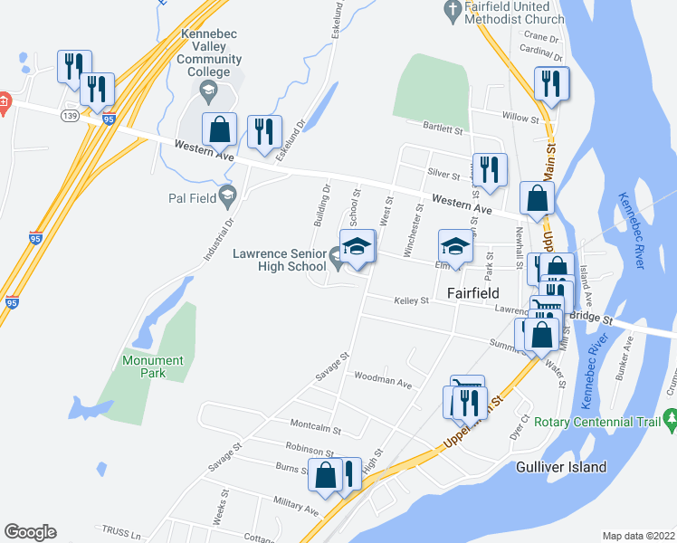 map of restaurants, bars, coffee shops, grocery stores, and more near 9 School Street in Fairfield
