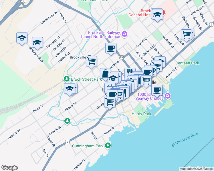 map of restaurants, bars, coffee shops, grocery stores, and more near 119 James Street West in Brockville