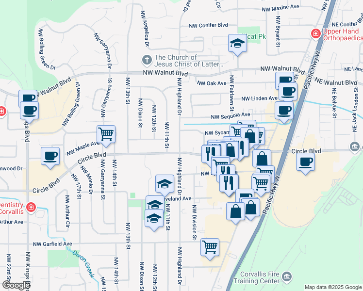 map of restaurants, bars, coffee shops, grocery stores, and more near in Corvallis