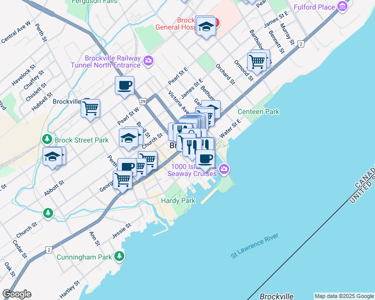 map of restaurants, bars, coffee shops, grocery stores, and more near 51 King Street West in Brockville