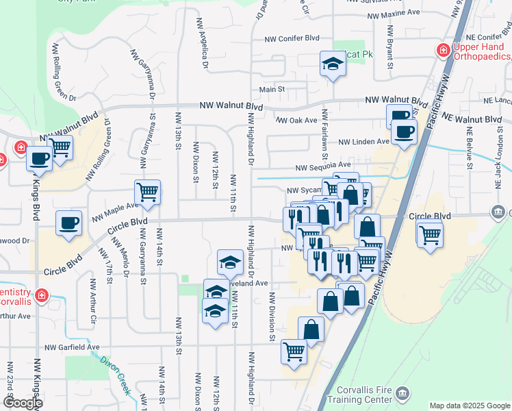map of restaurants, bars, coffee shops, grocery stores, and more near 2125 Northwest Highland Drive in Corvallis
