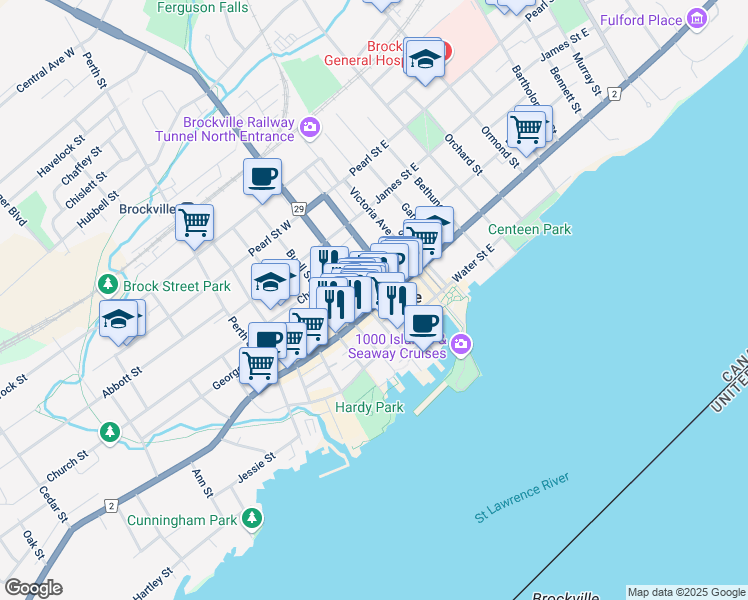 map of restaurants, bars, coffee shops, grocery stores, and more near 62 King Street West in Brockville