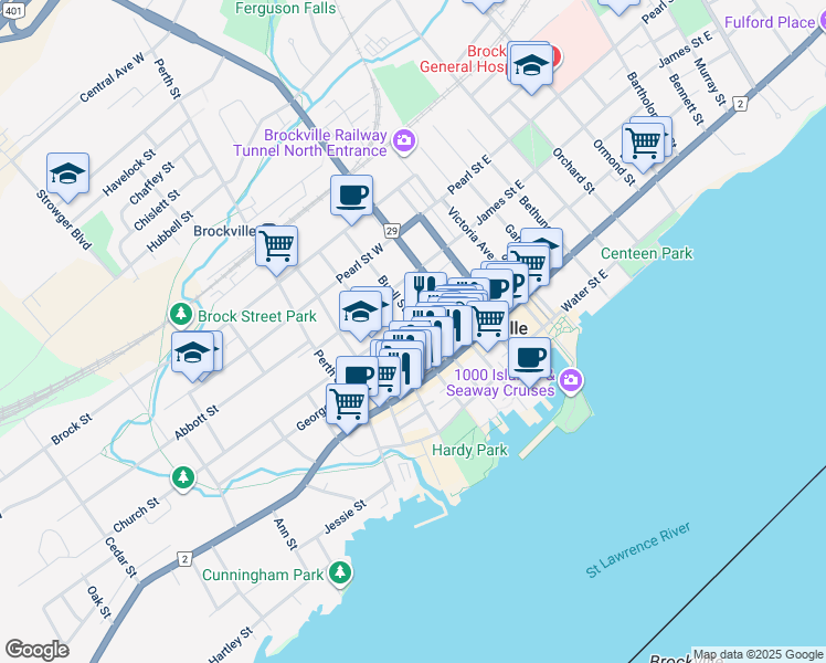 map of restaurants, bars, coffee shops, grocery stores, and more near 34 George Street in Brockville