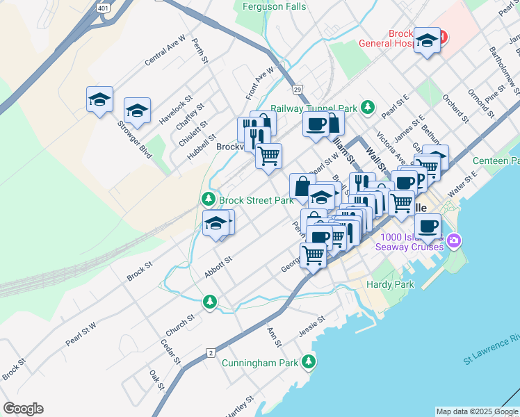 map of restaurants, bars, coffee shops, grocery stores, and more near in Brockville