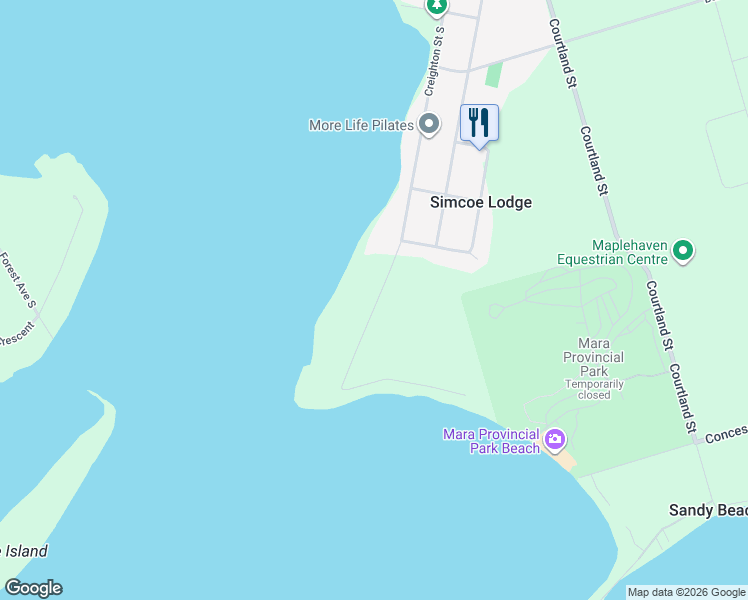 map of restaurants, bars, coffee shops, grocery stores, and more near 151 Creighton Street South in Orillia