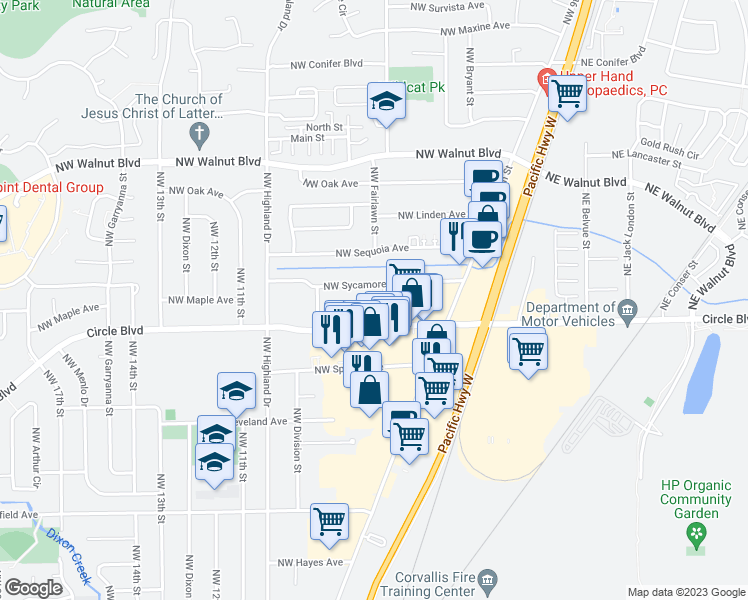 map of restaurants, bars, coffee shops, grocery stores, and more near 950 Northwest Sycamore Avenue in Corvallis