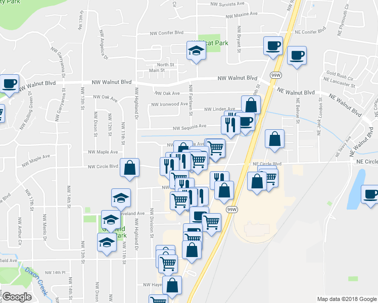 map of restaurants, bars, coffee shops, grocery stores, and more near 945 Northwest Circle Boulevard in Corvallis