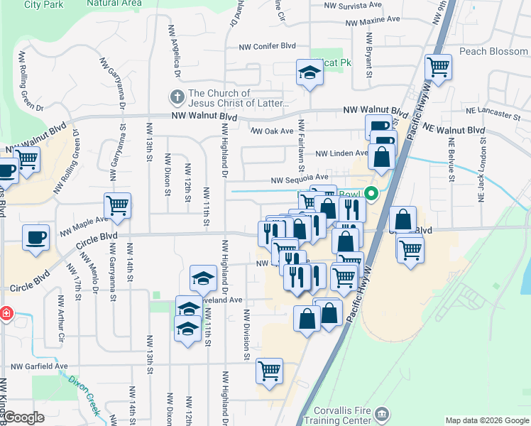 map of restaurants, bars, coffee shops, grocery stores, and more near 961 Northwest Circle Boulevard in Corvallis