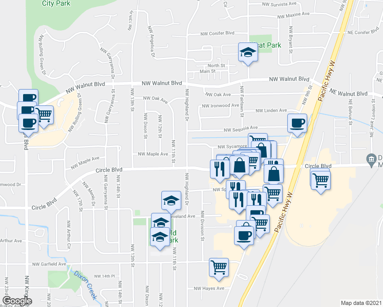 map of restaurants, bars, coffee shops, grocery stores, and more near in Corvallis