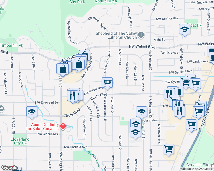 map of restaurants, bars, coffee shops, grocery stores, and more near 1415 Northwest Circle Boulevard in Corvallis