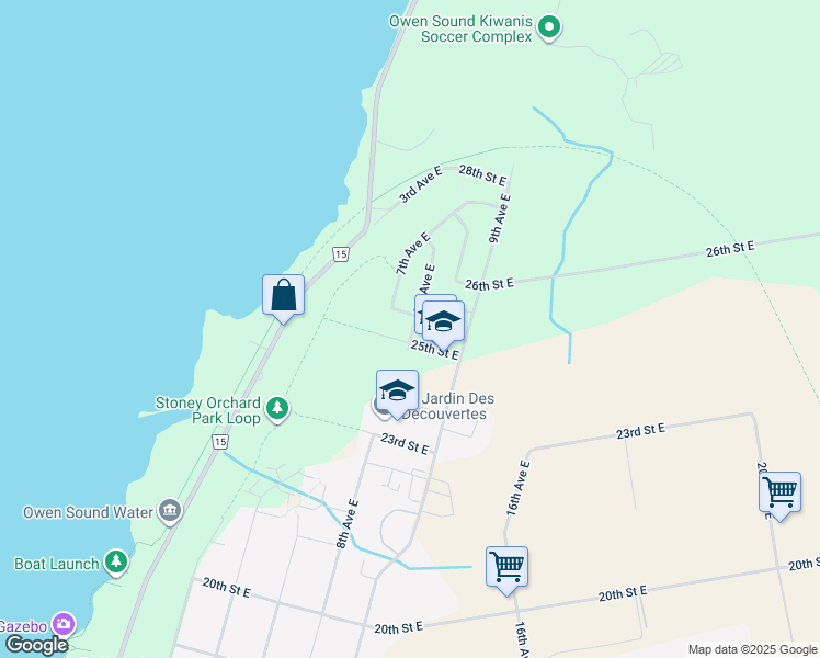 map of restaurants, bars, coffee shops, grocery stores, and more near 2505 8th Avenue East in Owen Sound
