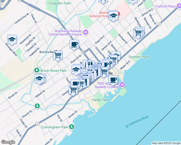map of restaurants, bars, coffee shops, grocery stores, and more near 34 George Street in Brockville