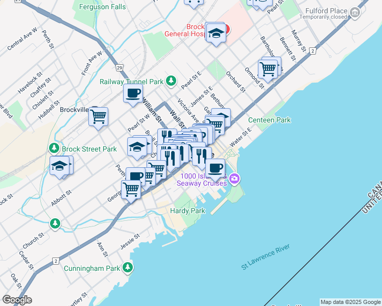 map of restaurants, bars, coffee shops, grocery stores, and more near 2 Court House Avenue in Brockville