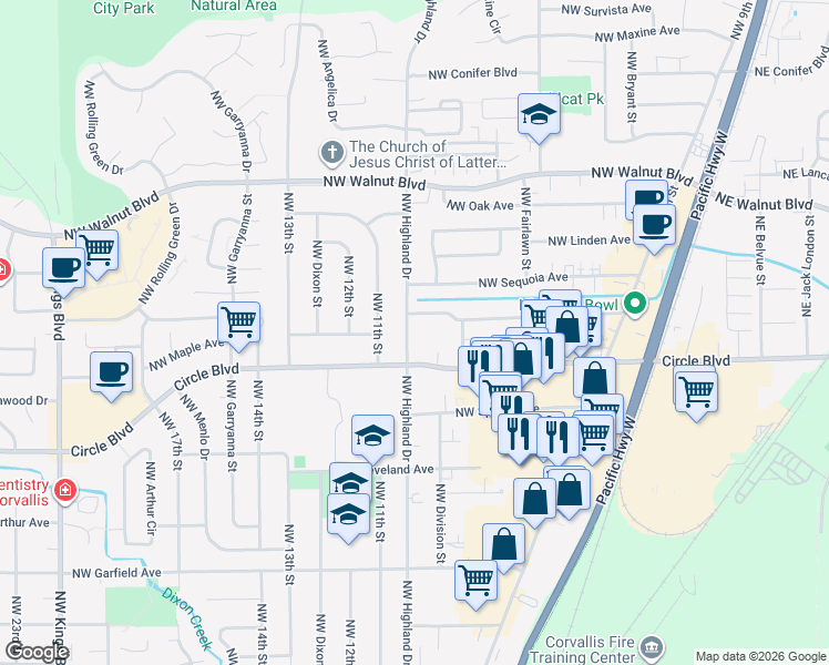map of restaurants, bars, coffee shops, grocery stores, and more near 2135 Northwest Highland Drive in Corvallis