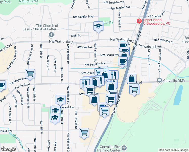 map of restaurants, bars, coffee shops, grocery stores, and more near 950 To 952 NW Sycamore Avenue in Corvallis