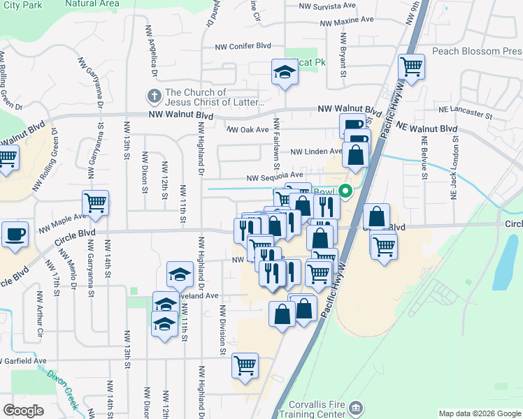 map of restaurants, bars, coffee shops, grocery stores, and more near 958 Northwest Sycamore Avenue in Corvallis