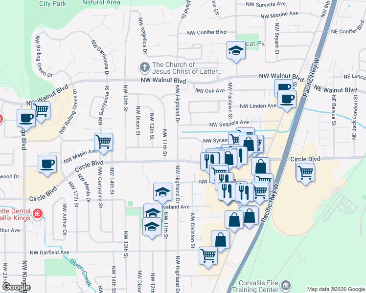 map of restaurants, bars, coffee shops, grocery stores, and more near 2145 Northwest Highland Drive in Corvallis