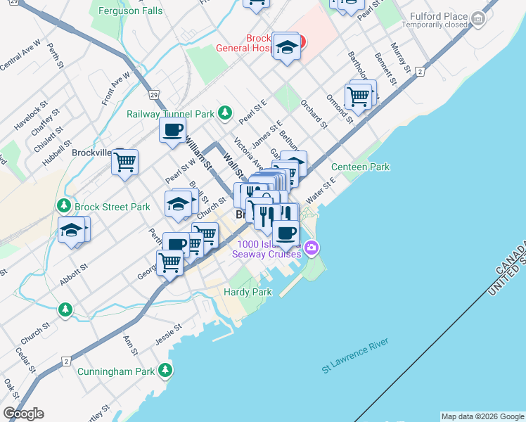 map of restaurants, bars, coffee shops, grocery stores, and more near 43 Leeds and Grenville 2 in Brockville