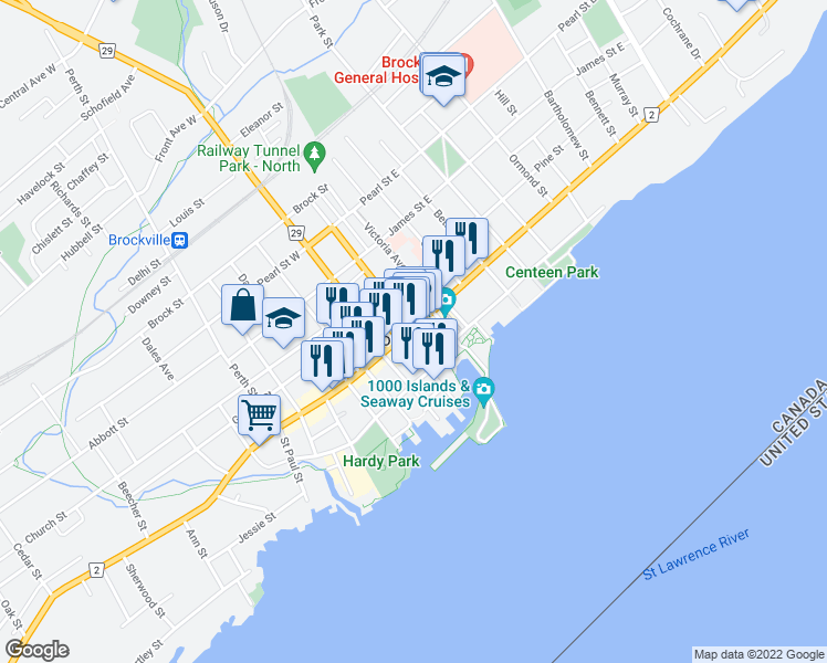 map of restaurants, bars, coffee shops, grocery stores, and more near 33 King Street West in Brockville