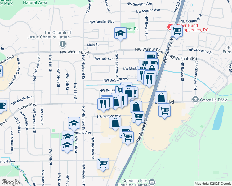 map of restaurants, bars, coffee shops, grocery stores, and more near 937 Northwest Sycamore Avenue in Corvallis