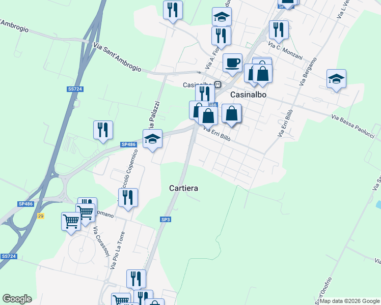 map of restaurants, bars, coffee shops, grocery stores, and more near Via Giardini Nord in Formigine