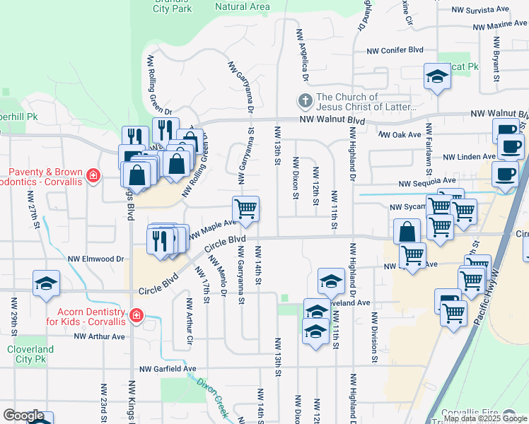 map of restaurants, bars, coffee shops, grocery stores, and more near 2225 Northwest 14th Street in Corvallis