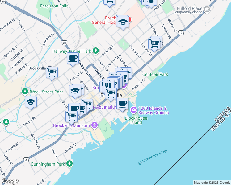 map of restaurants, bars, coffee shops, grocery stores, and more near 27 King Street West in Brockville