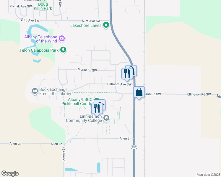 map of restaurants, bars, coffee shops, grocery stores, and more near 1057 Belmont Avenue Southwest in Albany