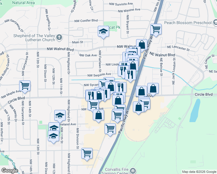 map of restaurants, bars, coffee shops, grocery stores, and more near 919 Northwest Sycamore Avenue in Corvallis