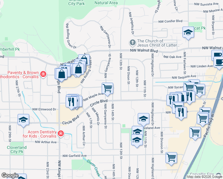 map of restaurants, bars, coffee shops, grocery stores, and more near 1450 Northwest Terracegreen Place in Corvallis