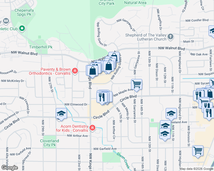map of restaurants, bars, coffee shops, grocery stores, and more near 2300 Northwest Rolling Green Drive in Corvallis