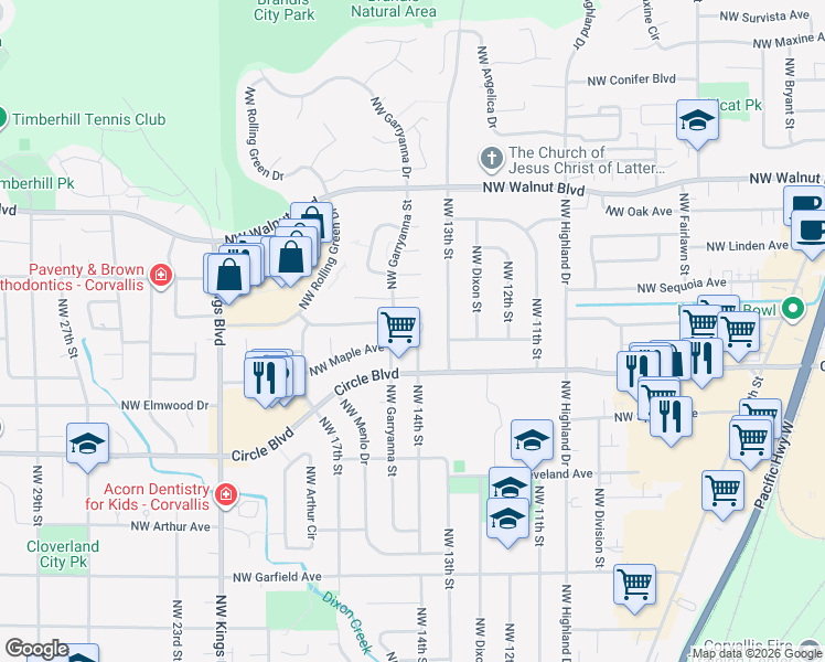map of restaurants, bars, coffee shops, grocery stores, and more near 1450 Northwest Terracegreen Place in Corvallis