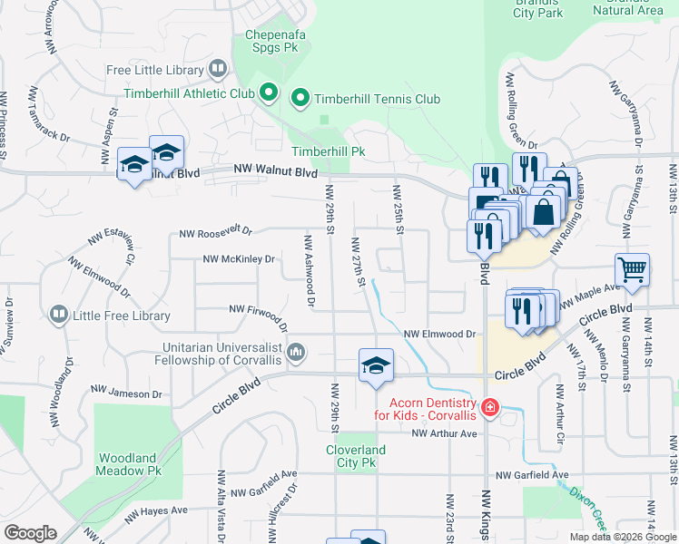 map of restaurants, bars, coffee shops, grocery stores, and more near 2310 Northwest 29th Street in Corvallis