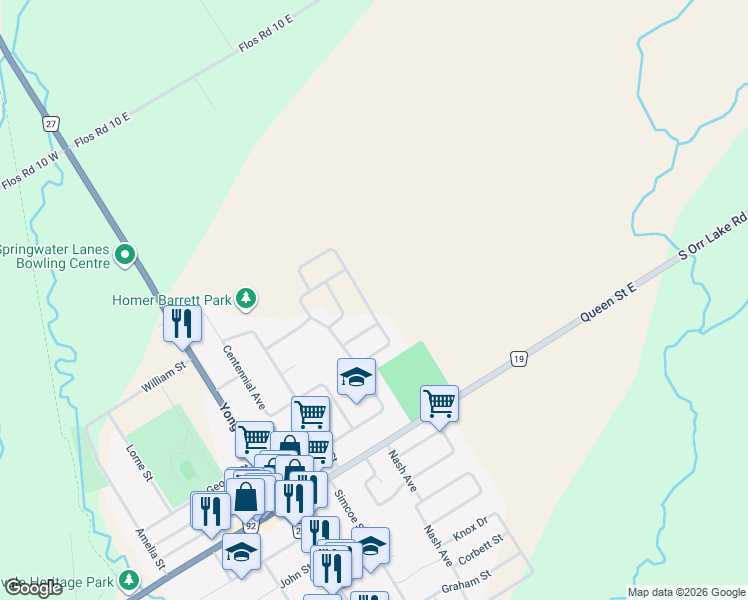 map of restaurants, bars, coffee shops, grocery stores, and more near 12 Harvey Drive in Elmvale