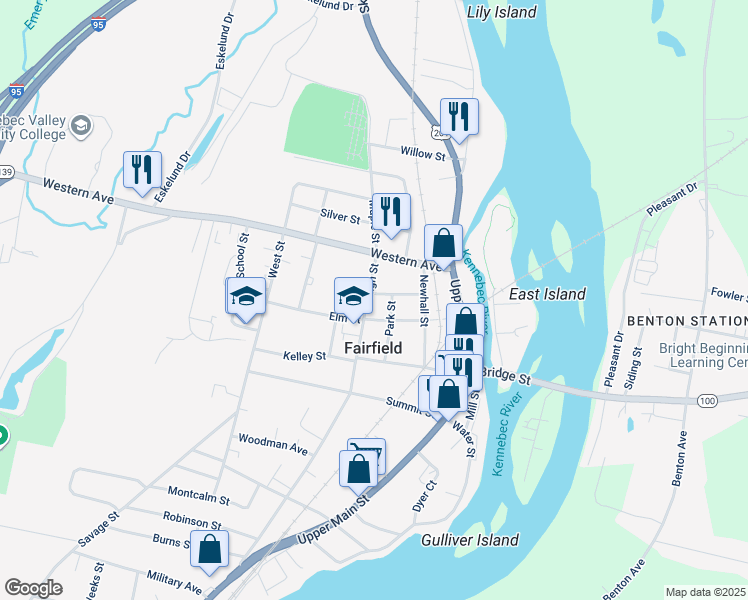 map of restaurants, bars, coffee shops, grocery stores, and more near 74 High Street in Fairfield