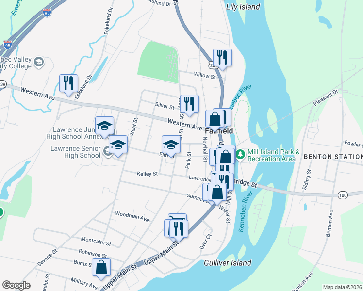 map of restaurants, bars, coffee shops, grocery stores, and more near 74 High Street in Fairfield