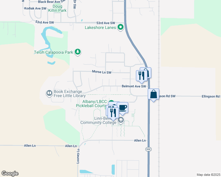 map of restaurants, bars, coffee shops, grocery stores, and more near 1195 Belmont Avenue Southwest in Albany