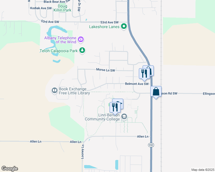 map of restaurants, bars, coffee shops, grocery stores, and more near 1301 Belmont Avenue Southwest in Albany