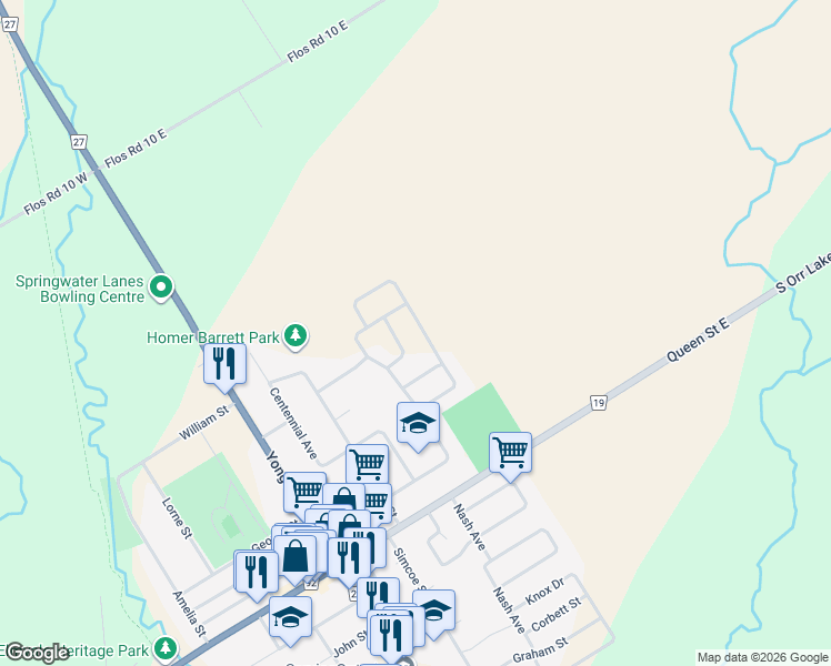map of restaurants, bars, coffee shops, grocery stores, and more near 12 Harvey Drive in Elmvale