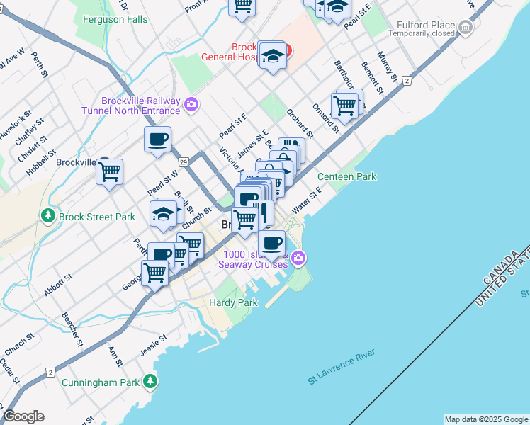 map of restaurants, bars, coffee shops, grocery stores, and more near in Brockville