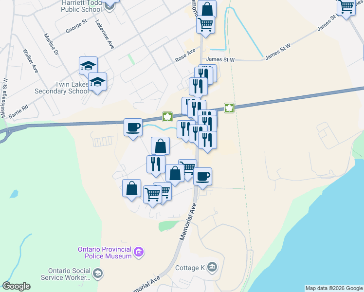 map of restaurants, bars, coffee shops, grocery stores, and more near 66 Progress Drive in Orillia