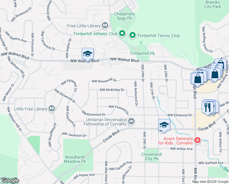 map of restaurants, bars, coffee shops, grocery stores, and more near 3220 Northwest McKinley Drive in Corvallis