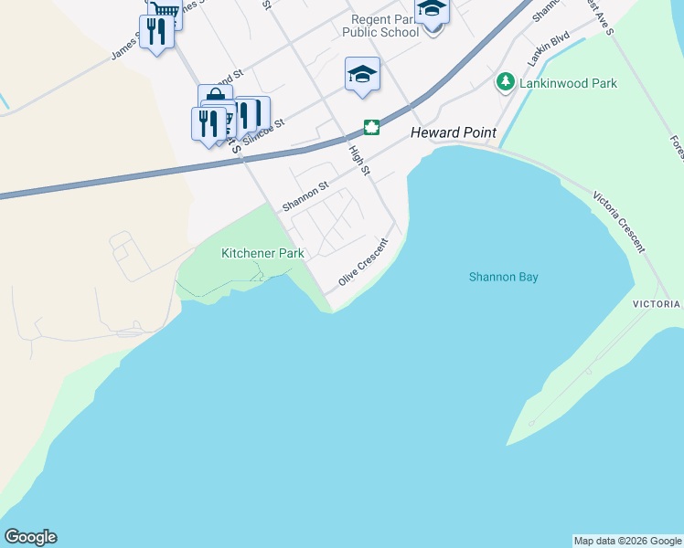 map of restaurants, bars, coffee shops, grocery stores, and more near 22 Olive Crescent in Orillia