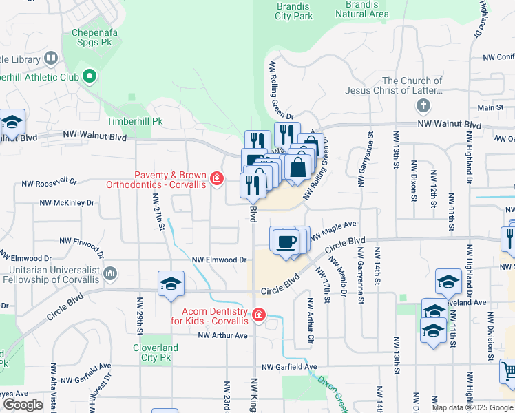 map of restaurants, bars, coffee shops, grocery stores, and more near in Corvallis