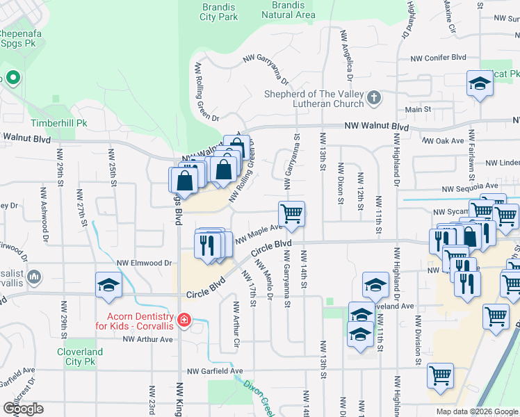 map of restaurants, bars, coffee shops, grocery stores, and more near 1625 Northwest Forestgreen Avenue in Corvallis