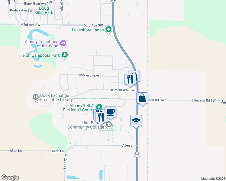 map of restaurants, bars, coffee shops, grocery stores, and more near 1042 Belmont Avenue Southwest in Albany