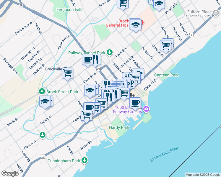 map of restaurants, bars, coffee shops, grocery stores, and more near 11 Church Street in Brockville
