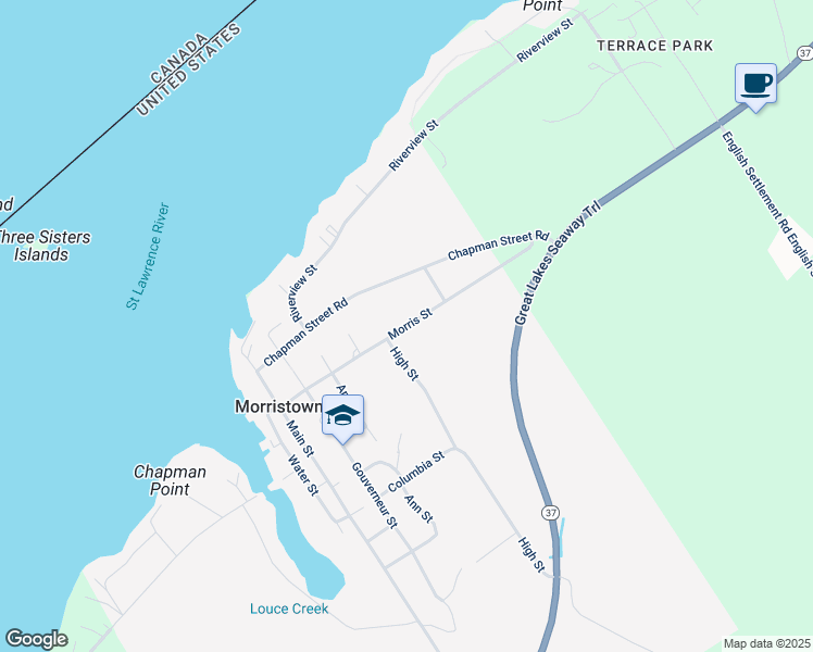 map of restaurants, bars, coffee shops, grocery stores, and more near Morris Street in St. Lawrence County