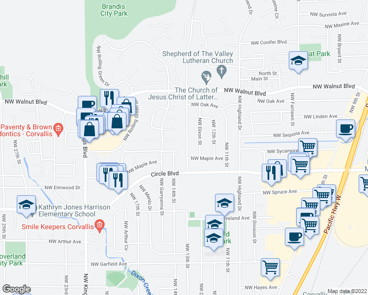 map of restaurants, bars, coffee shops, grocery stores, and more near 2230 Northwest 13th Street in Corvallis