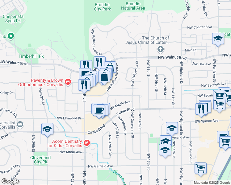 map of restaurants, bars, coffee shops, grocery stores, and more near 1625 Northwest Forestgreen Avenue in Corvallis